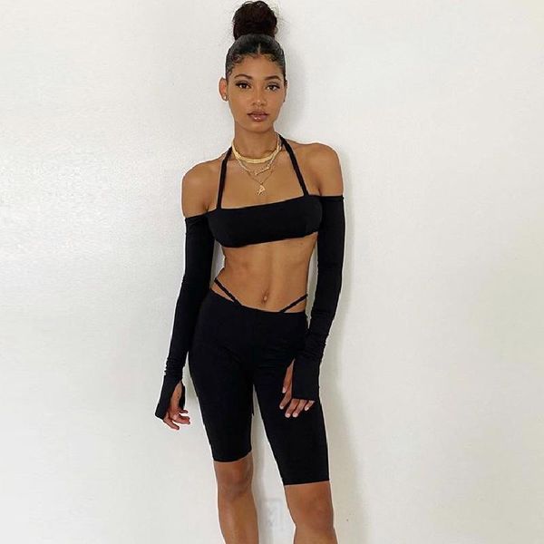 

bandage crop tight biker shorts set 2 piece women outfits 2021 off shoulder long sleeve tracksuit black sporty fitness1, Gray