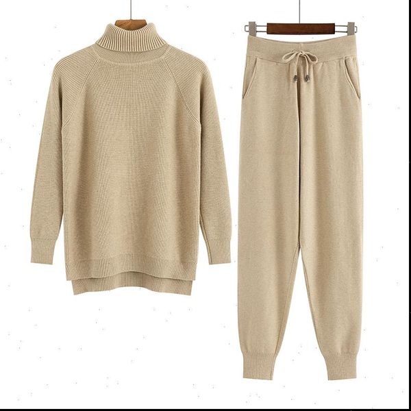

2 pieces set women knitted tracksuit turtleneck sweater carrot jogging pants pullover sweater set chic knitted outwear, Gray