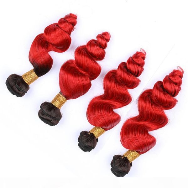 

ombre red dark roots loose wave peruvian human hair 4bundles #1b red ombre loose wavy human hair weaves double wefted mixed length, Black;brown