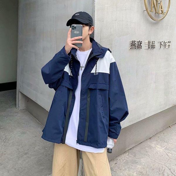 

2020 spring and autumn new youth fashion color matching loose tooling hooded jacket fashion casual blue/black m-2xl1, Black;brown