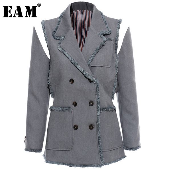

[eam] new spring autumn turn down collar long sleeve double breasted pockets personality jacket women coat fashion jx643 201210, Black;brown