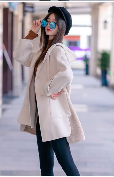 

2020 autumn and winter new women's fashion solid color ladies woolen woolen coat temperament versatile lapel hooded double-sided, Black