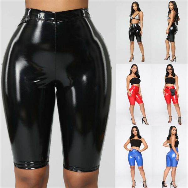 

женские сексуальные блестящие capris pu кожаные брюки capri joggers женщины slim fit высокая талия твердые шорты bodycon короткие брюки горя, White;black