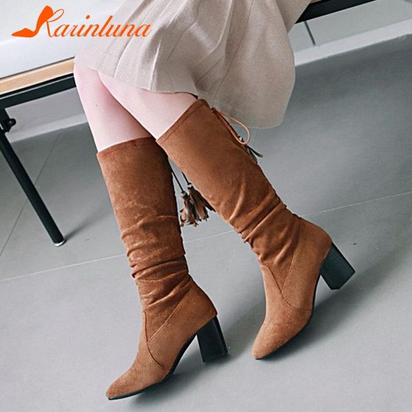 

plus size 33-43 leisure shoes women 2021 new arrivals flock lace-up fringe pleated pointed toe mid-calf boots thick high heels, Black