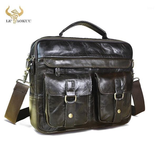 

men original leather vintage coffee design business briefcase 13" lapbag attache portfolio maleta tote messenger bag b2071