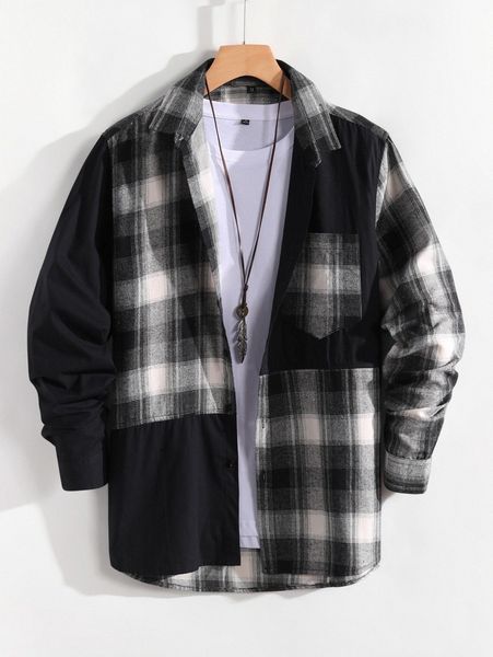 

men 1pc plaid button front shirt 03js#, White;black