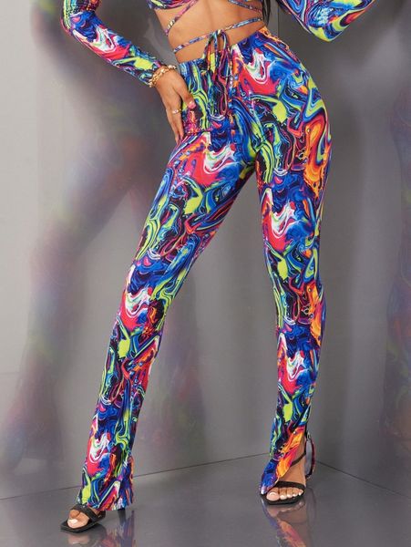 

high waist marble print split hem pants l6sz#, Black;white