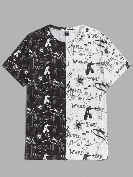 

men letter & graphic print spliced t-shirt 42n5#, White;black