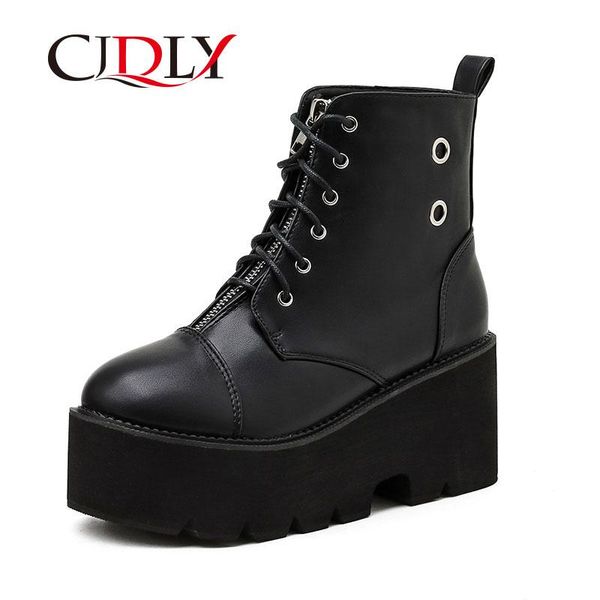 

boots cjdly woman zipper womens ladies chunky wedge platform black artificial leather ankle punk goth arrival 2021