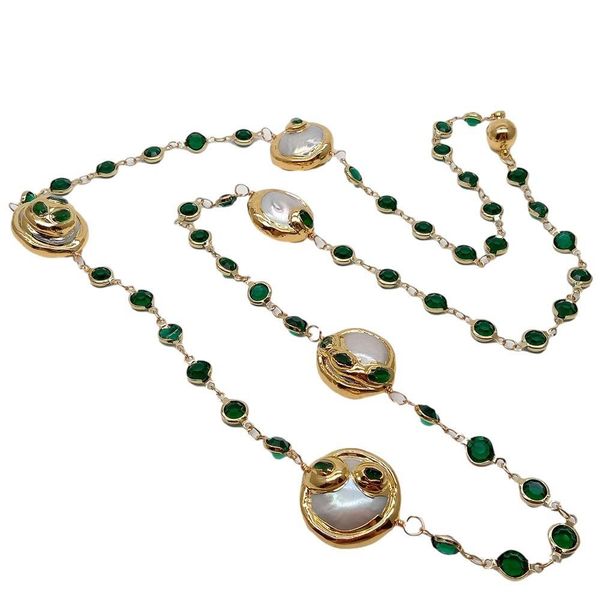 

cultured white coin pearl green crystal chain long necklace 32" q1216, Silver