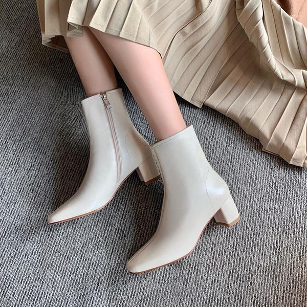 

ankle boots women shoes square toe chunky heels short boots zip high heel lady autumn winter black white size 431