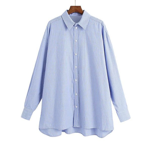 

women's blouses & shirts hadara fashion casual turn down collar women elegant loose blue striped printed long sleeve ladies, White