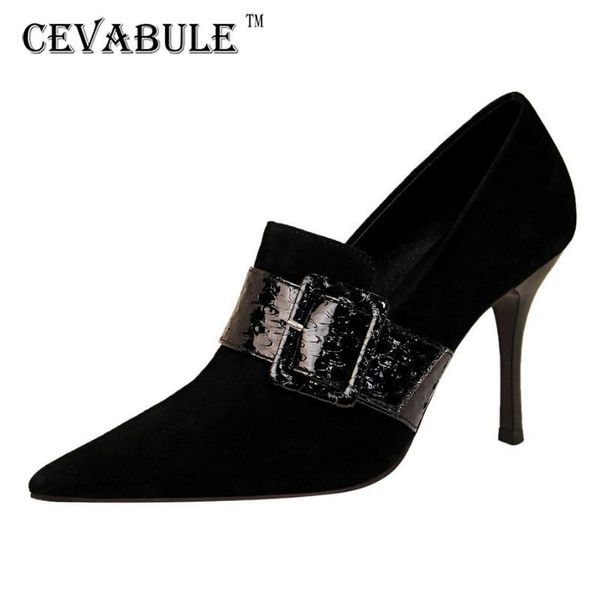 

cevabule 2021 fashion high heel women's suede shoes nightclub snakeskin a- line women's shoes with belt buckle ds-955-12, Black