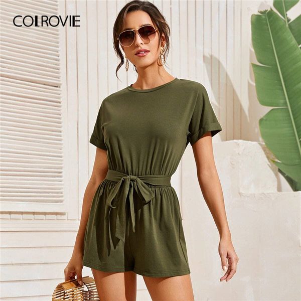 

colrovie army green self belted split back romper women 2020 summer batwing sleeve high waist wide leg solid casual playsuits t200704, Black;white