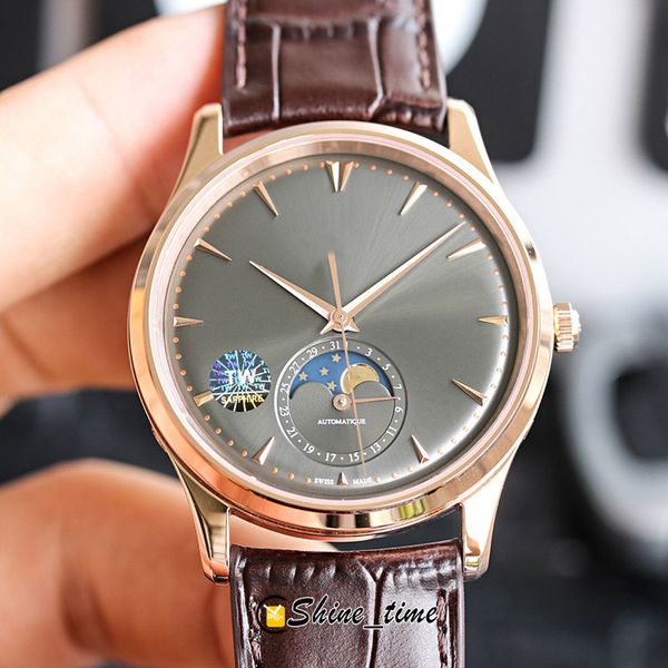 

tw ultra thin moon phase 136255j quality 39mm gray dial rose gold steel case mens watch cal.925/1 automatic leather strap watches, Slivery;brown