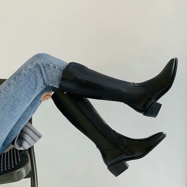 

was 2021 up to the knee knee-high winter square-heeled plutonium motorcycle boots med casual elegant heel women's shoes size, Black
