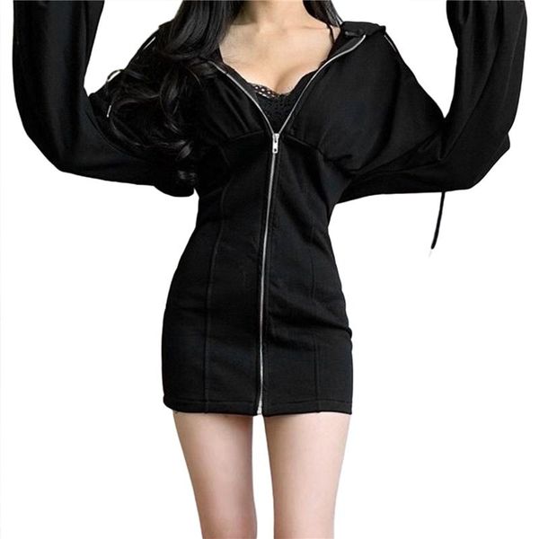 

casual dresses spring fall women's solid dress high-waist long sleeve v-neck girl tummy control hooded side pockets clothes, Black;gray