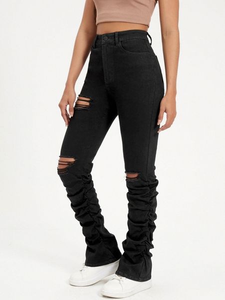 

high waist ripped ruched skinny jeans n7qo#, Blue