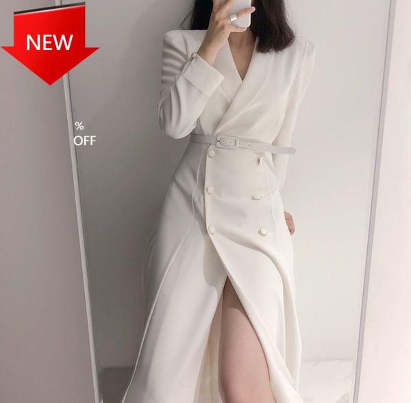 

autumn office lady double-breasted long dresses new elegant suit dress for women 2020 spring, Black;gray