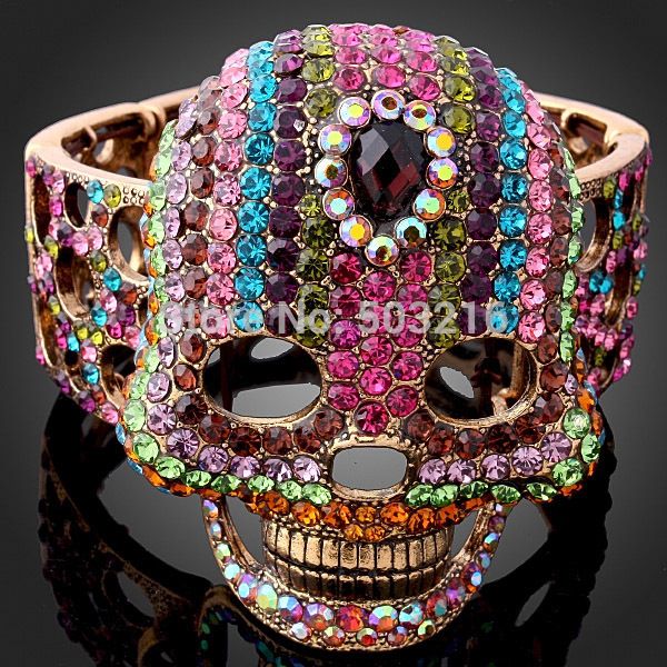 

chran muti crystal vintage jewelry bangle & bracelets promotion gold color fashion hollow designer big skull bangle for women 201211, Black