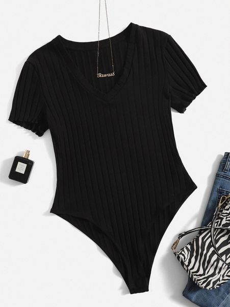 

plus ribbed knit lettuce trim bodysuit z44n#, Black