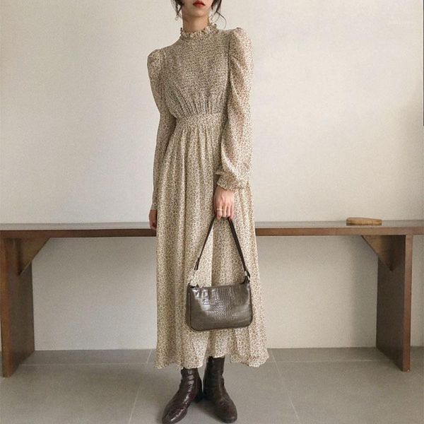

vintage stand collar ruched sleeve a-line dress women floral print elastic waist female dress spring vestidos femme 20201, Black;gray