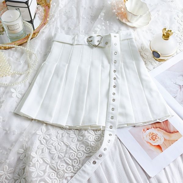 

harajuku solid pleated skirt high waist pink a-line skirt cute korean uniform female kawaii women bottom midi skirt heart sashes q1209, Black