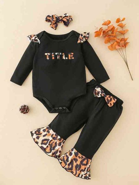 

baby letter and leopard print bodysuit & flare leg pants with headband she, White