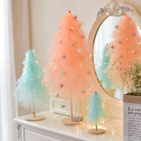 

1pcs mini christmas tree tree with light mesh pink blue ornaments diy shooting props scene decoration girl children