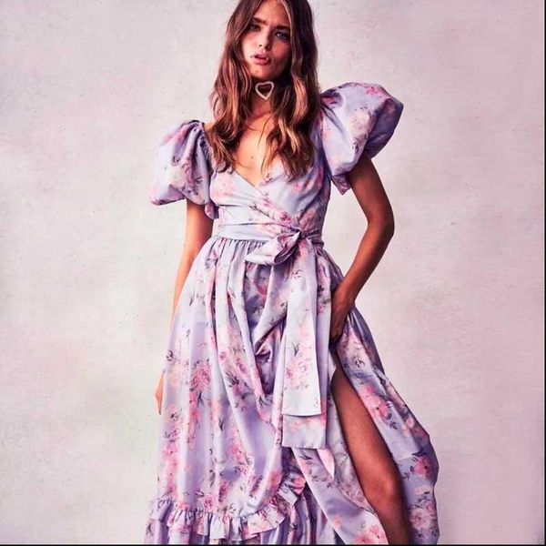 

rose print faux wrap drsss women puff sleeve long bow tied party dress 2021 new summer dress new cute party dress, Black;gray