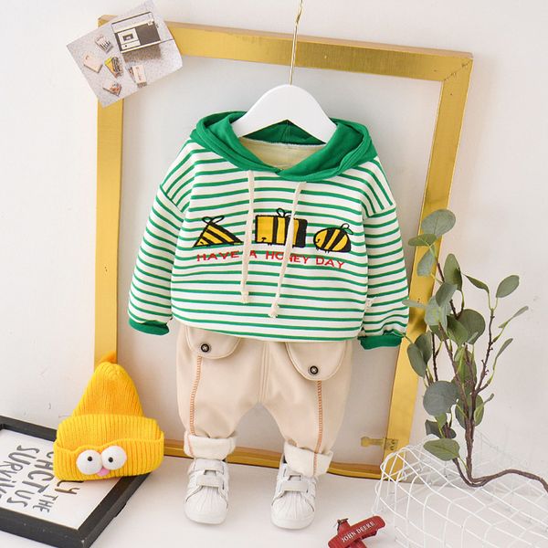 

children casual cartoon spring autumn thicken clothes kids striped hooded pants 2pcs/sets boys baby girls thick cotton tracksuit y1107, White