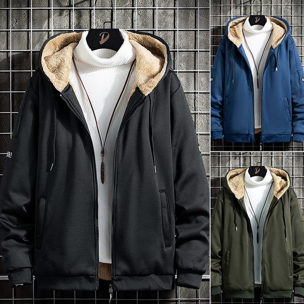 

2021 new fleece autumn jacket men coat hooded casual mens thick warm overcoat fashion slim male trendy outfit solid new arrival dh7k, Black