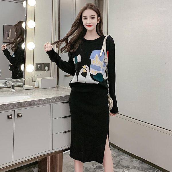 

new 2019 autumn knitted sets woman long sleeve cartoon loose sweater+pencil skirts suit office casual lady midi two-pieces set1, White