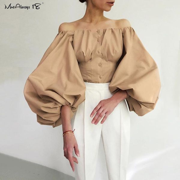 

mnealways18 lantern sleeve elegant khaki blouse women party off shoulder ladies white black shirt cotton bodycon blouse1