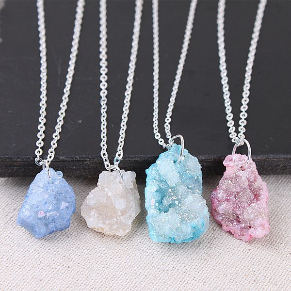 

irregular natural stone quartz crystal pendants necklace drusy druzy silver color chain statement necklace for women