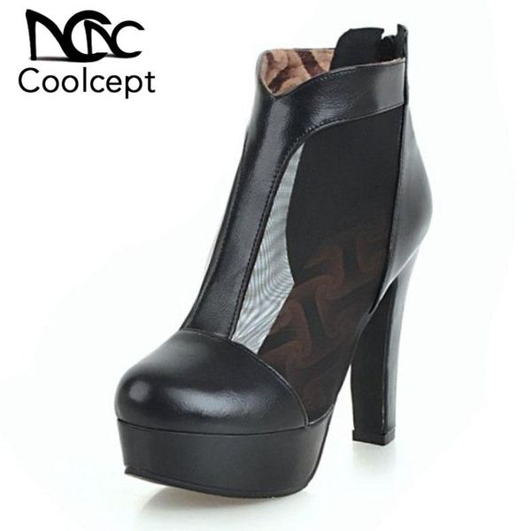 

boots coolcept office lady high heel shoes platform zipper lace patchwork spike pumps party club women footwear size 32-43, Black