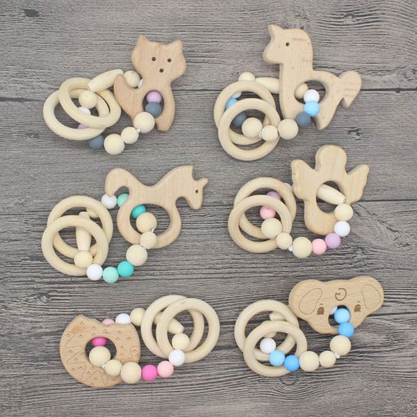 

diy baby teether beech animals nursing bracelets teething wooden food grade silicone beads rattles toys personalized bracelets