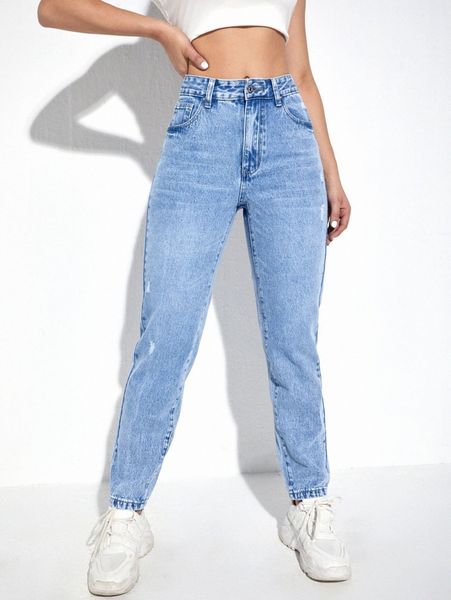 

washed ripped mom jeans f615#, Blue