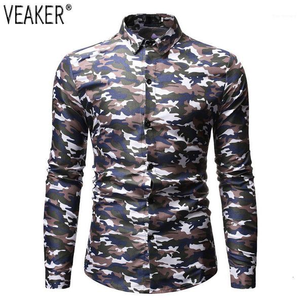 

2019 herfst nieuwe mannen camouflage gedrukt shirt man casual slim fit lange mouwen army green shirt -3xl1, White;black