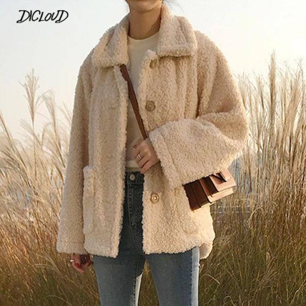 

2018 harajuku faux fur teddy coat women fashion long sleeve lapels lambskin jacket ladies casual loose warm warm fur outwear1, Black