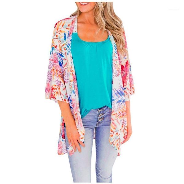 

2020 ladies fashion summer flower leaf print loose split chiffon cardigan women floral side opening loose front cardigan, Black;brown