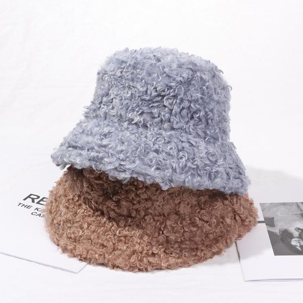 

winter thicken warm lamb faux fur bucket hat black solid fluffy fishing cap fisherman hat women fashion accessories, Blue;gray