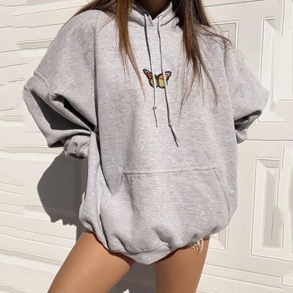

new design fashion girls sweatshirt women autumn loose pullovers gray oversized hoodies butterfly front pocket simple 201102, Black