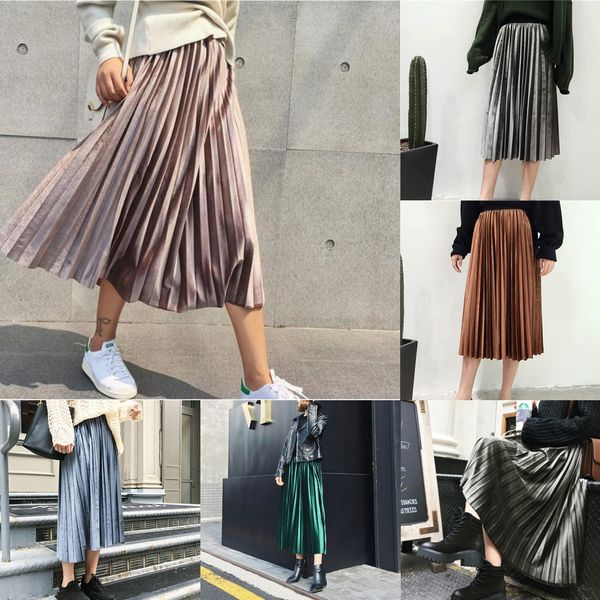 

vintage solid khaki high waisted skinny female velvet skirt pleated skirts fashion autumn winter pleated skirt office lady q1209, Black