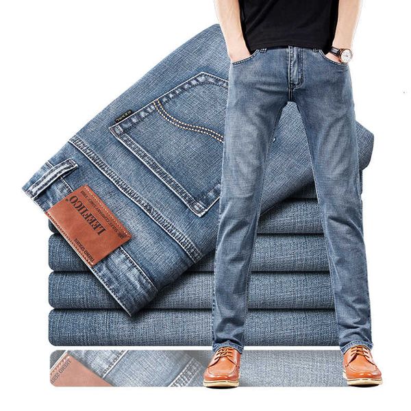 

leefiico jeans slim straight business casual pants men's autumn and winter new elastic fashion brand grey, Blue