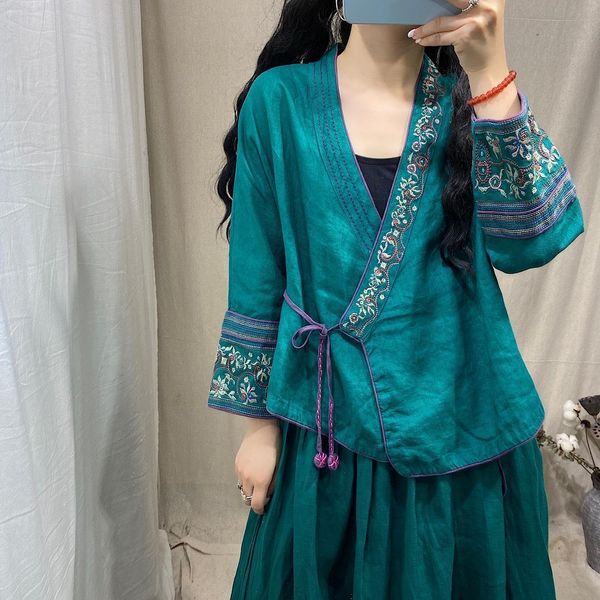 

women embroidered v neck autumn linen jackets ladies vintage loose jacket female 2020 outerwear jacket drop shipping, Black;brown