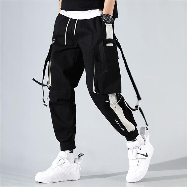 

mens cargo pants hip hop pockets joggers streetwear casual men pants ribbons patchwork clothes spring autumn new loose trousers, Black