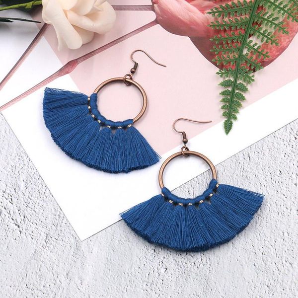 

ethnic tribal antique copper round charm colorful semicircular cotton tassel earrings women bohemian earrings jewelry, Golden;silver