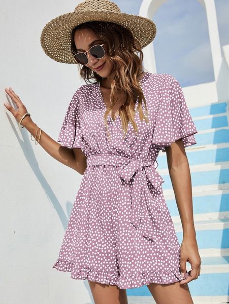 

surplice neck belted ruffle hem ditsy floral romper z1zq#, White