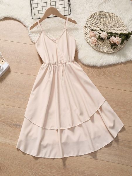 

girls overlap collar layered hem cami dress she, Red;yellow